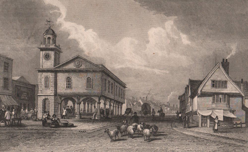 Faversham market square and Guildhall, Kent. BAYNES 1829 old antique print
